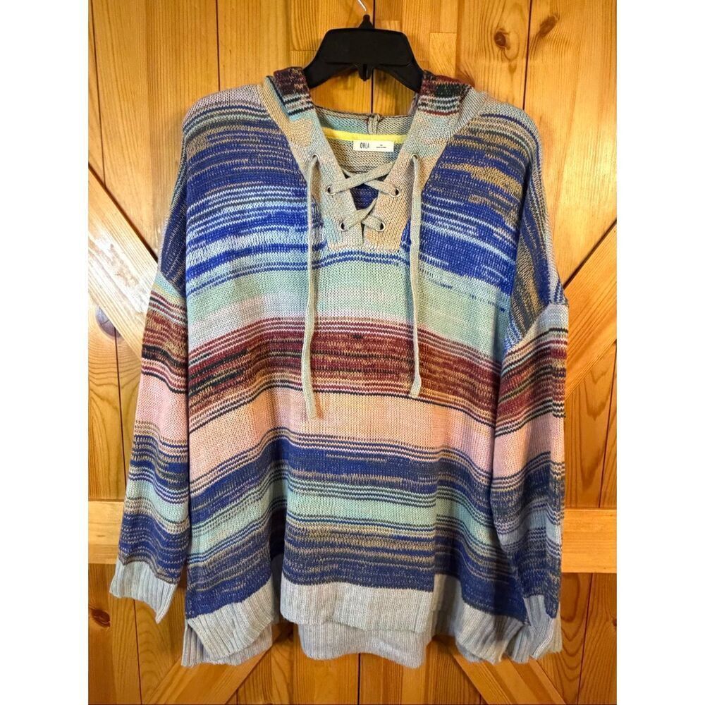 OVLA Women's Blue Multicolor Knit Hooded Pullover Sweater Size 2XL (6644)